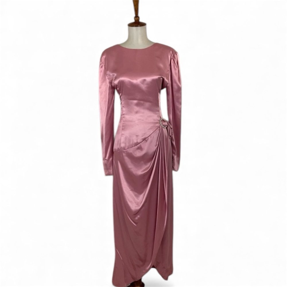 Vintage Pink Satin Dress‎ Women’s M Long Sleeve Midi Retro Glam Barbie Feminine